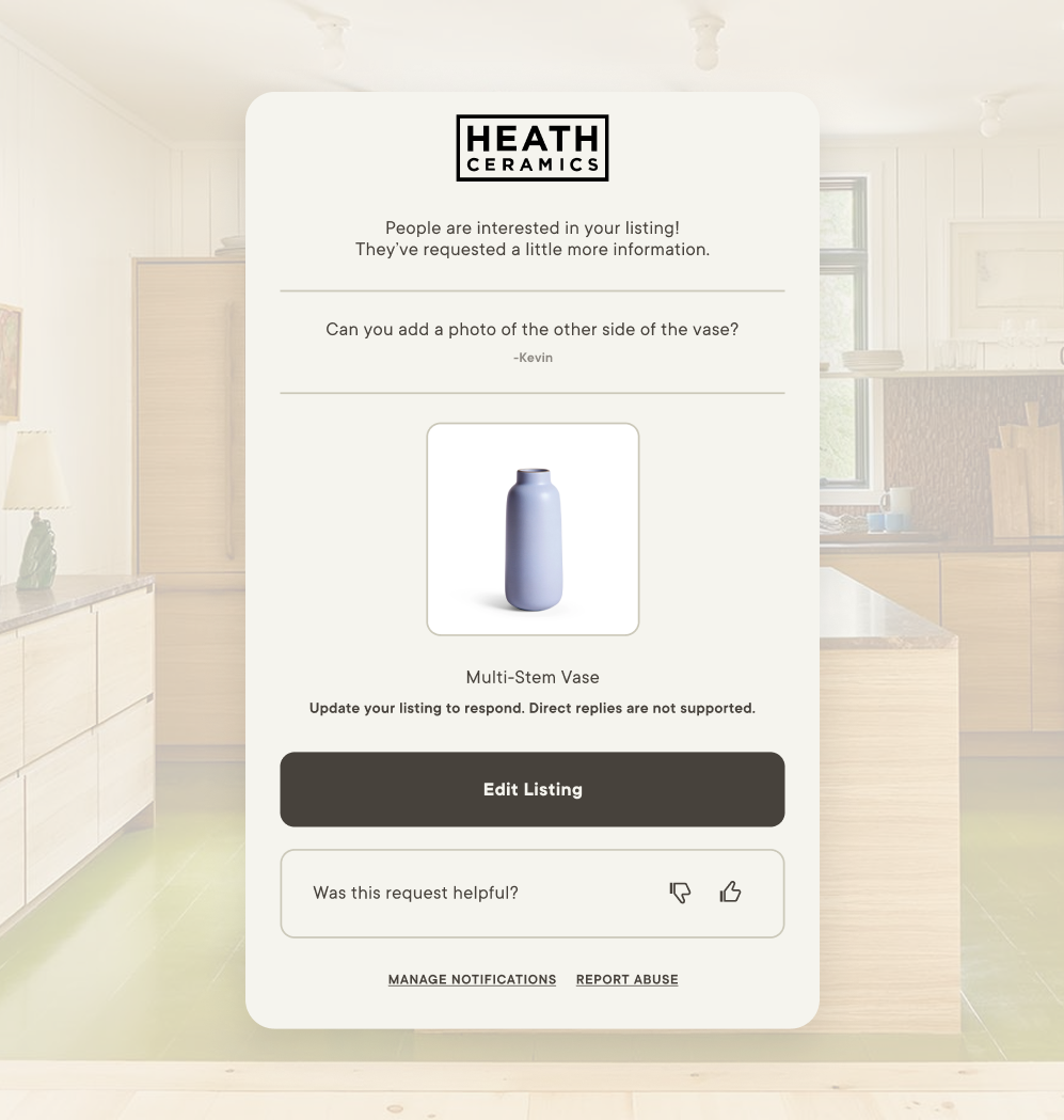 A branded listing-update email built on the framework I designed with engineering